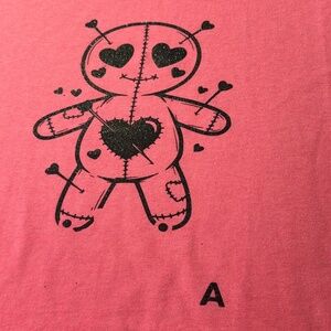 Pink T-Shirt with Black Glitter Voodoo Doll Heart Design, Crew Neck, SIZE L